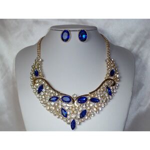 Blue sapphire rhinestone necklace set, bridal MOB prom party formal necklace